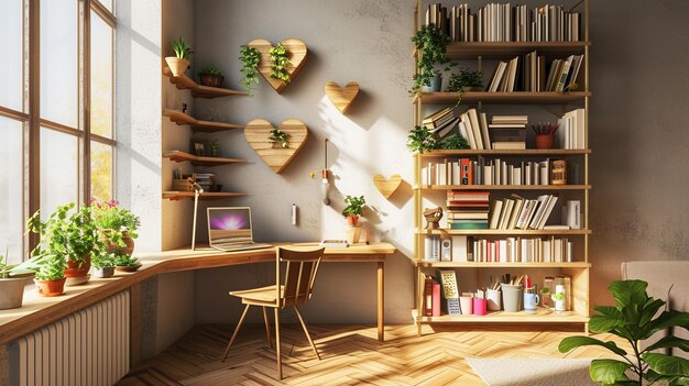 An image of a home office with heartshaped floating shelves and a curved desk establishing a harmo