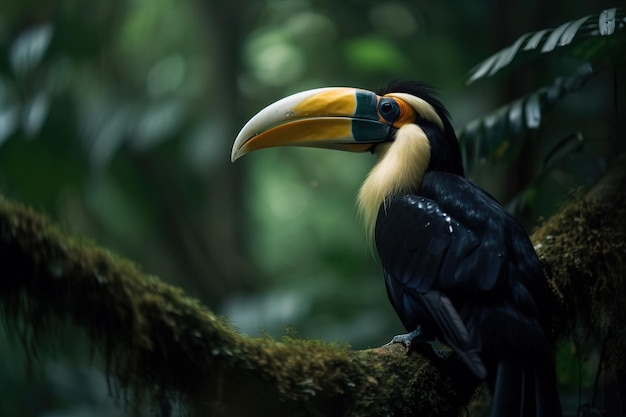 Image of hornbill standing on a branch in the forest on natural background Wild Animals Bird illustration Generative AI