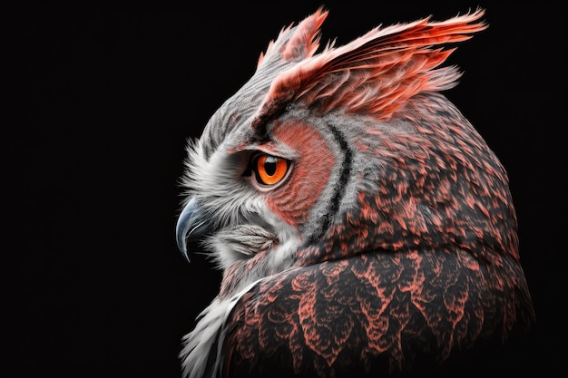 Image of a horned owl taken from the side in half profile on a black background