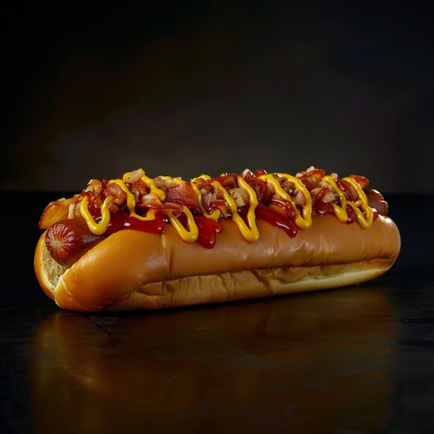 Image of a hotdog with mustard and ketchup sauce