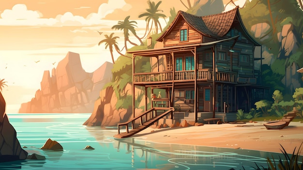 Image of house next to body of water with mountains in the background Generative AI