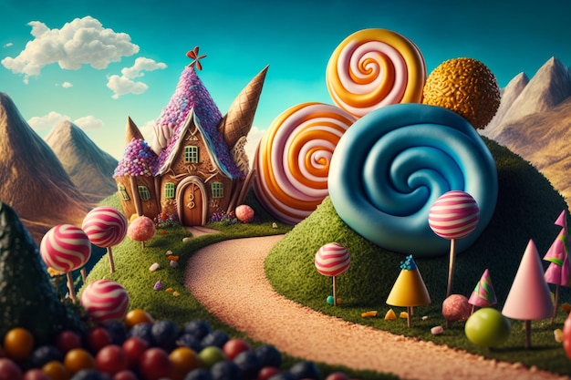 An image of house with candy and lollipops Generative AI