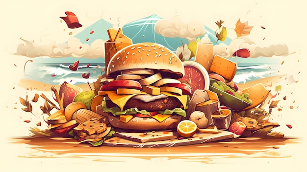 Image of huge hamburger surrounded by other junks and junks Generative AI