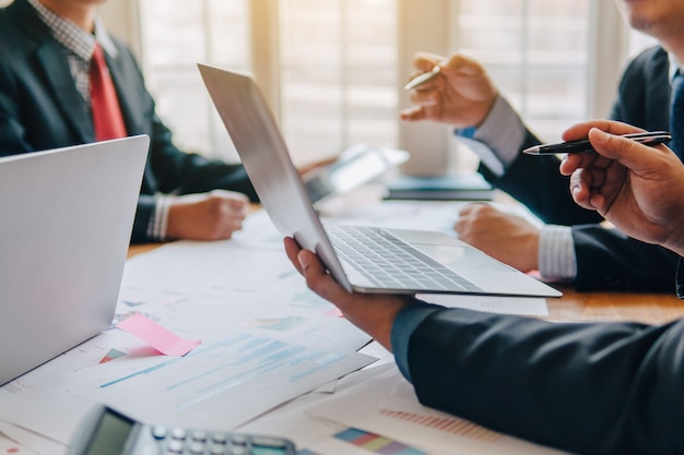 Image of human hands during paperwork at meeting. In office