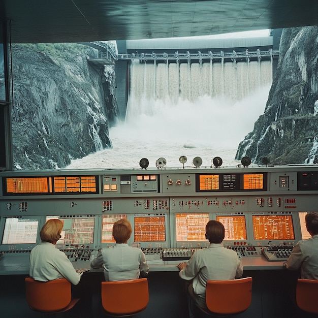 Photo image of a hydropower control room with operators monitoring water flow and power output