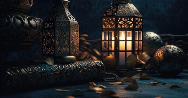 An image of an illuminated eid lantern at night with generative ai