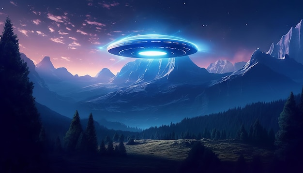 Image of an illuminated UFO spaceship hovering over a mountainous landscape Generative ai