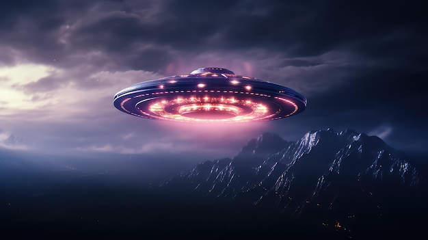 Image of an illuminated UFO spaceship hovering over a mountainous landscape