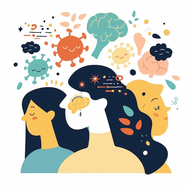 Photo image illustrates vibrant and abstract representation of social issues during coronavirus crisis featuring diverse individuals with elements symbolizing mental health viruses and emotional express