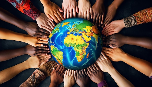 an image illustrating a group of diverse people holding hands in a circle around the Earth The cent