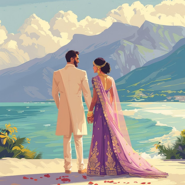 Image of an Indian couple getting married while facing the background where the ocean meets the moun