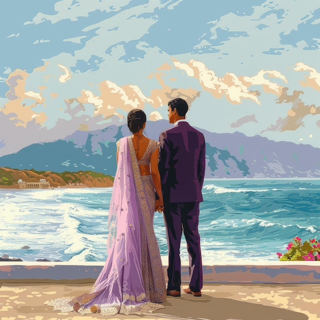 Image of an Indian couple getting married while facing the background where the ocean meets the moun