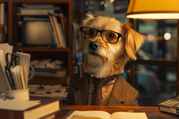 Photo image of an intellectual dog with glasses