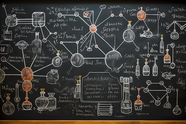 Image of intricate chemical structures displayed on a chalkboard Generative AI