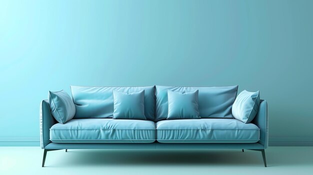 The image is a 3D rendering of a blue sofa in a blue room The sofa is simple and modern with a low back and no arms