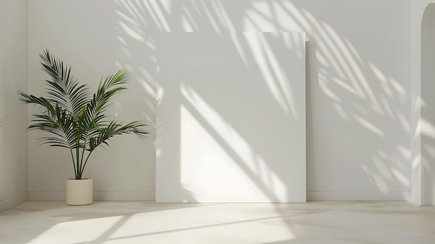 The image is a 3D rendering of a bright and airy room with a large potted plant in the corner and a blank canvas on the wall