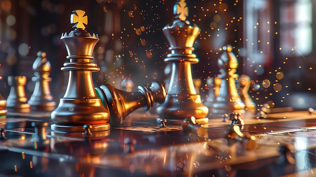 The image is a 3D rendering of a chessboard with golden chess pieces The focus is on the king and queen pieces which are in the center of the board