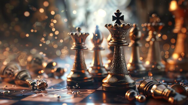 The image is a 3D rendering of a chessboard with golden chess pieces The focus is on the queen which is the most powerful piece in the game