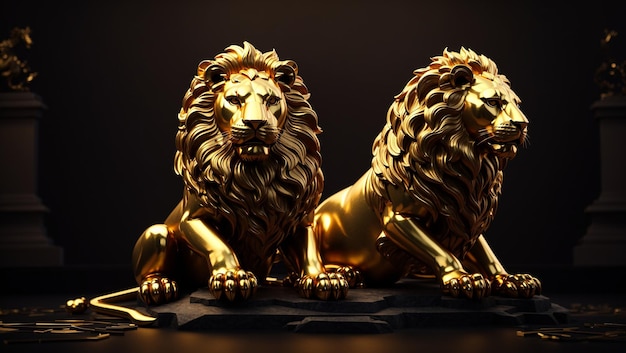 The image is a 3D rendering of a golden lion sitting on a dark surface The lion is facing the viewe