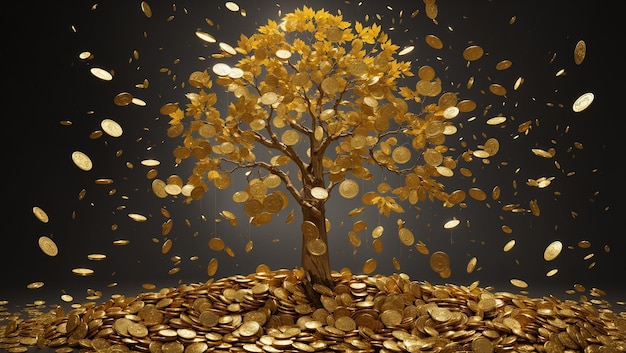 The image is a 3D rendering of a golden tree with falling golden coins on a black background