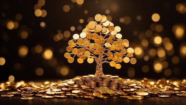 The image is a 3D rendering of a golden tree with falling golden coins on a black background