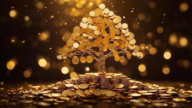 The image is a 3D rendering of a golden tree with falling golden coins on a black background