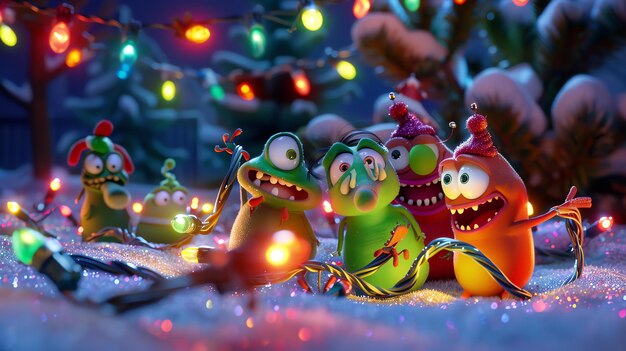 Photo the image is a 3d rendering of a group of cute and colorful monsters celebrating christmas