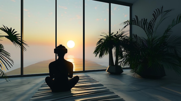 The image is a 3D rendering of a person sitting in a yoga pose on a mat in a modern room with floortoceiling windows