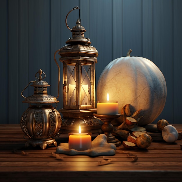 The image is a 3D rendering of a still life featuring a lantern