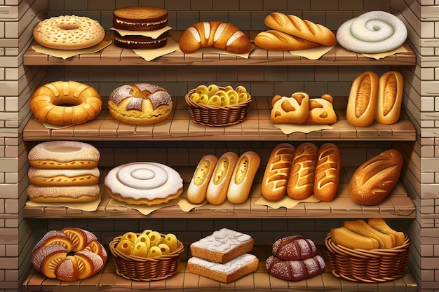 The image is a bakery there are many kinds of bread and pastries on the shelves