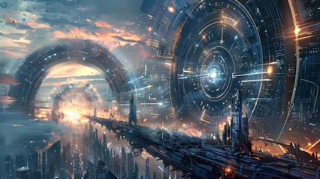 The image is a beautiful depiction of a futuristic cityscape The city is built on a series of floating islands and is surrounded by a vast ocean