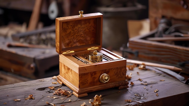 The image is a beautiful handcrafted wooden box with a golden lock and key The box is made of rich dark wood and has a smooth polished finish