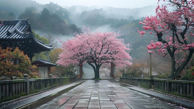 The image is a beautiful landscape of a cherry blossom tree in full bloom