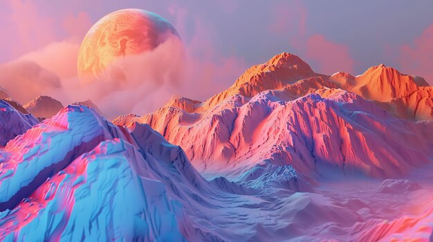 The image is a beautiful landscape of a mountain range at sunset