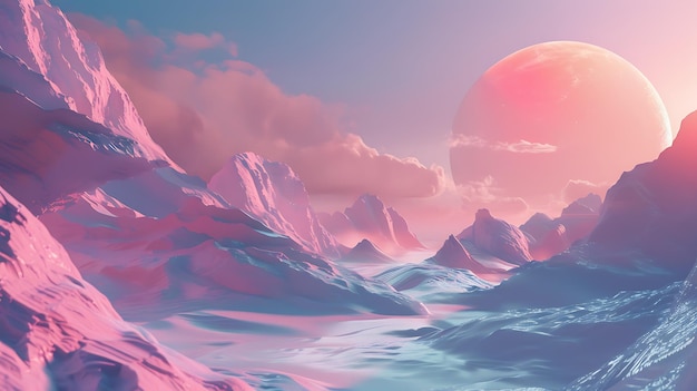 The image is a beautiful landscape of a pink and blue planet