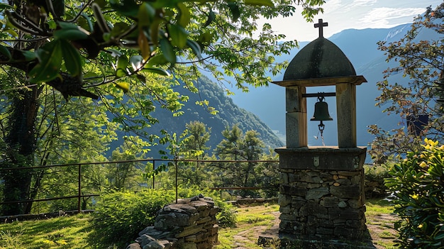 The image is a beautiful landscape of a small church in the mountains The church is made of stone and has a bell tower