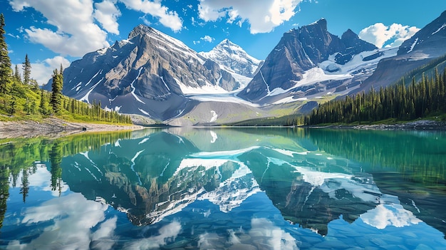 The image is of a beautiful mountain landscape with a crystal clear lake in the foreground