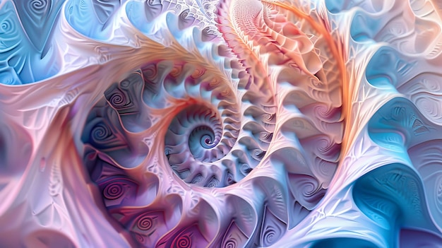 The image is a beautiful spiral The colors are soft and pastel The spiral is made of many small shapes that look like feathers The image is very calming and relaxing