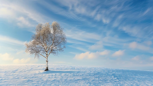 The image is a beautiful winter landscape A single tree stands in the middle of a snowcovered field