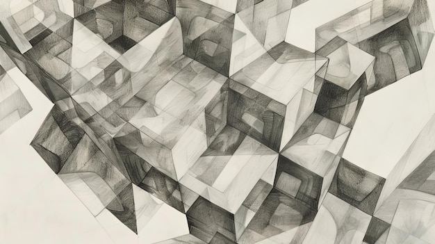 Photo the image is a black and white drawing of a bunch of cubes stacked together