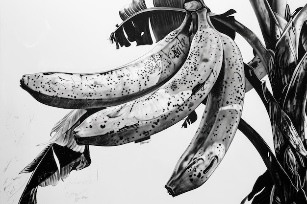 Photo the image is a black and white drawing of two bananas on a tree