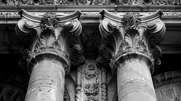 Photo the image is in black and white the focus is on two corinthian columns with their capitals