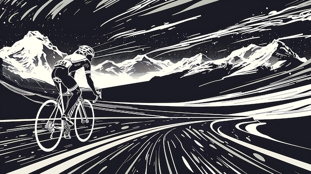 The image is a black and white illustration of a cyclist riding up a mountain The cyclist is wearing a helmet and jersey