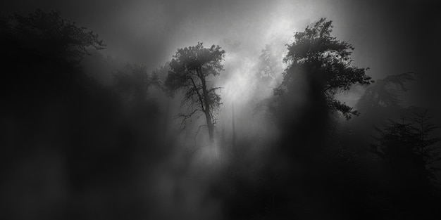 Photo the image is a black and white photo of a forest with foggy trees