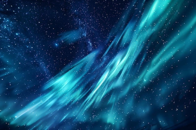 The image is of a blue sky with stars and a blue aurora