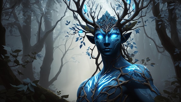 The image is of a blueskinned humanoid with antlers made of branches The figure is standing in a d