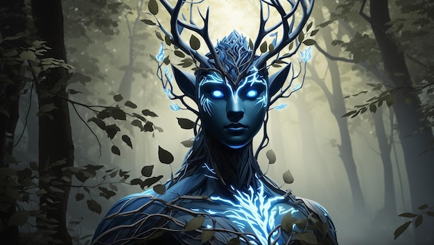 The image is of a blueskinned humanoid with antlers made of branches The figure is standing in a d