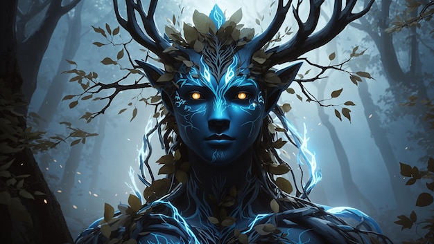 The image is of a blueskinned humanoid with antlers made of branches The figure is standing in a d