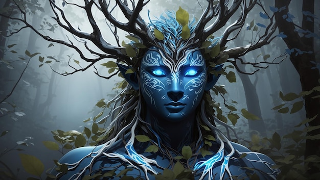 The image is of a blueskinned humanoid with antlers made of branches The figure is standing in a d