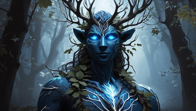 The image is of a blueskinned humanoid with antlers made of branches The figure is standing in a d